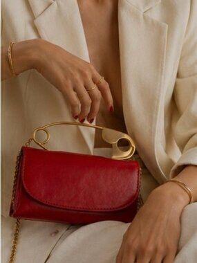 Luxury Red Leather Safety Pin Handbag Gold Chain Crossbody Purse